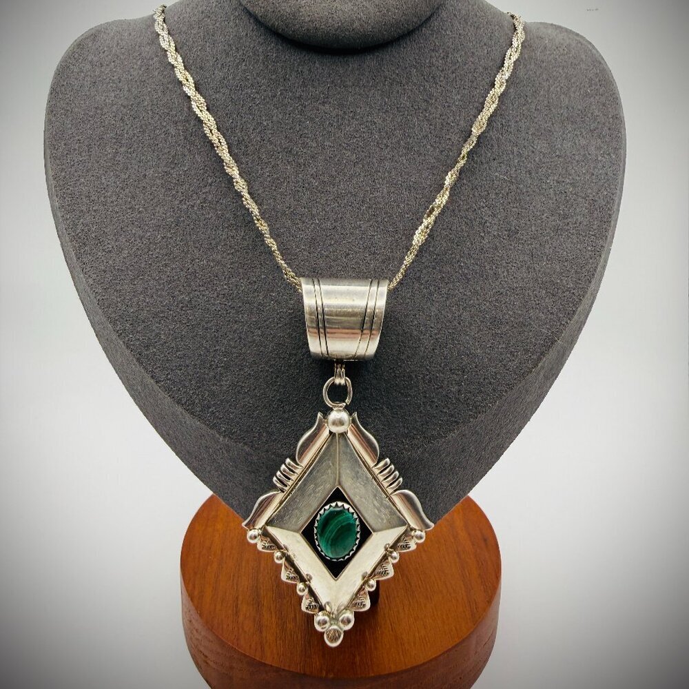 Sterling Malachite Pendant • Artist-Stamped “M L” • 2.75" • Pendant Only